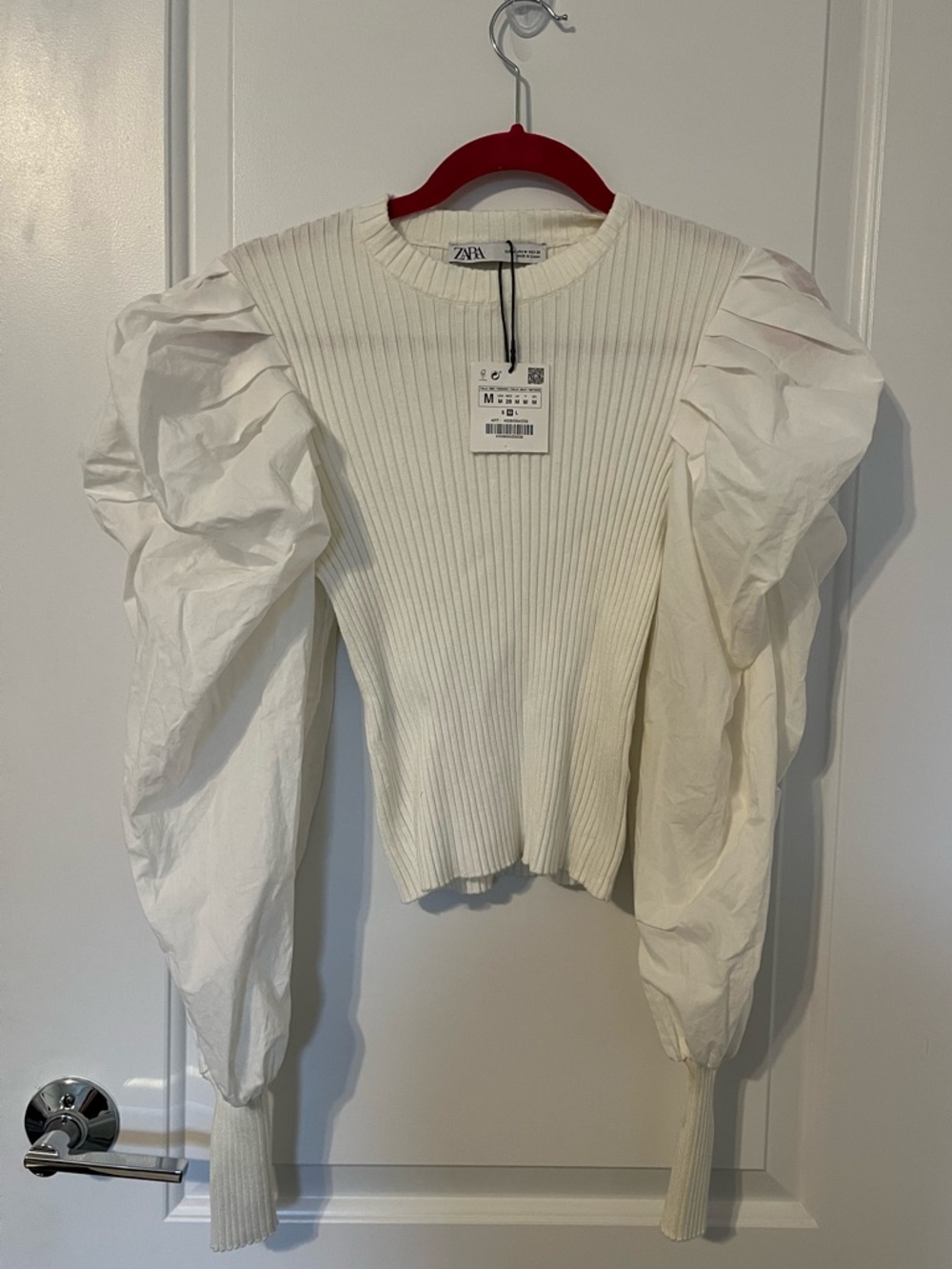 Zara Cream Ribbed Puff-Sleeve Knit Top - Picture 2 of 4
